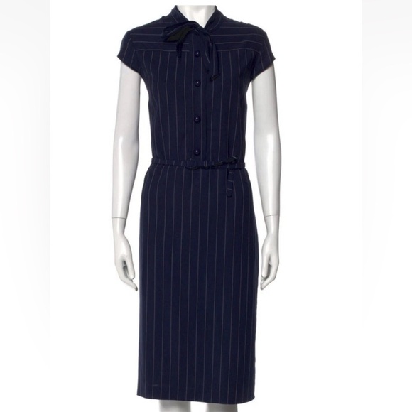 Ralph Lauren Collection Pinstripe Midi Day Dress Tie Neck Button Collar Navy 12 - Picture 3 of 12
